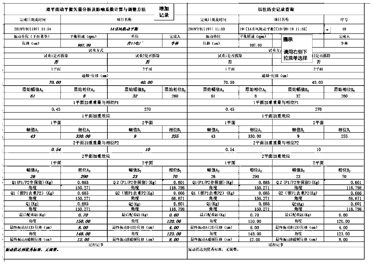 Rotary machine field dynamic balance calculating and adjusting method based on Office software