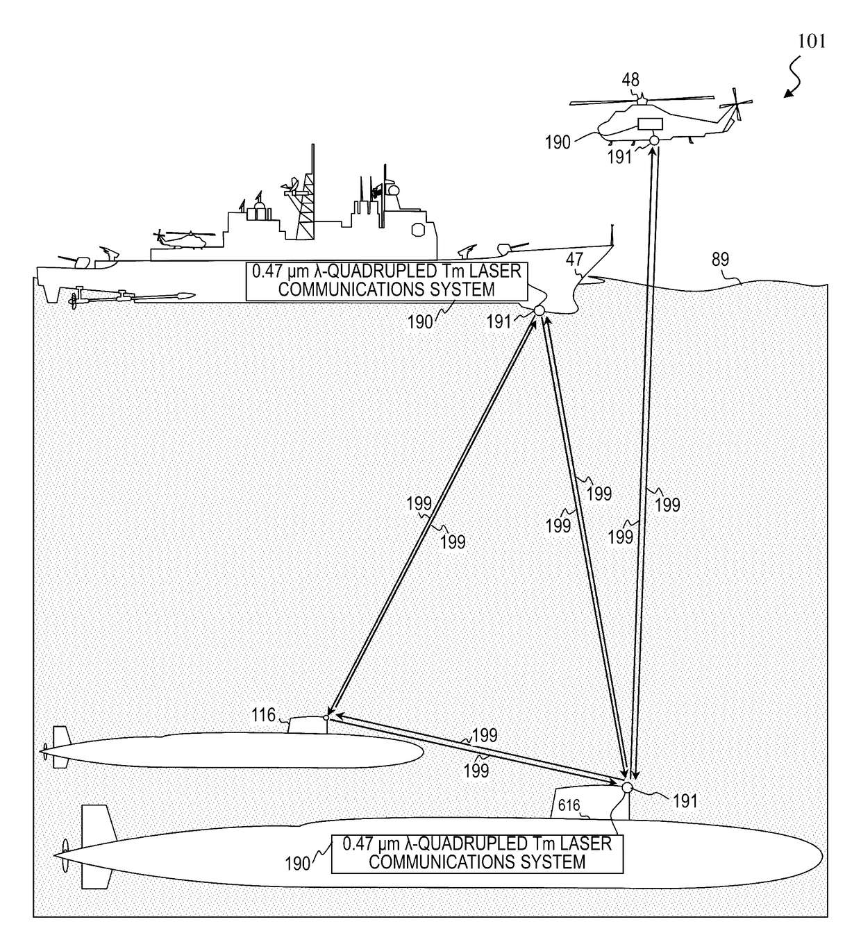 Frequency quadrupled laser using thulium-doped fiber amplifier and method