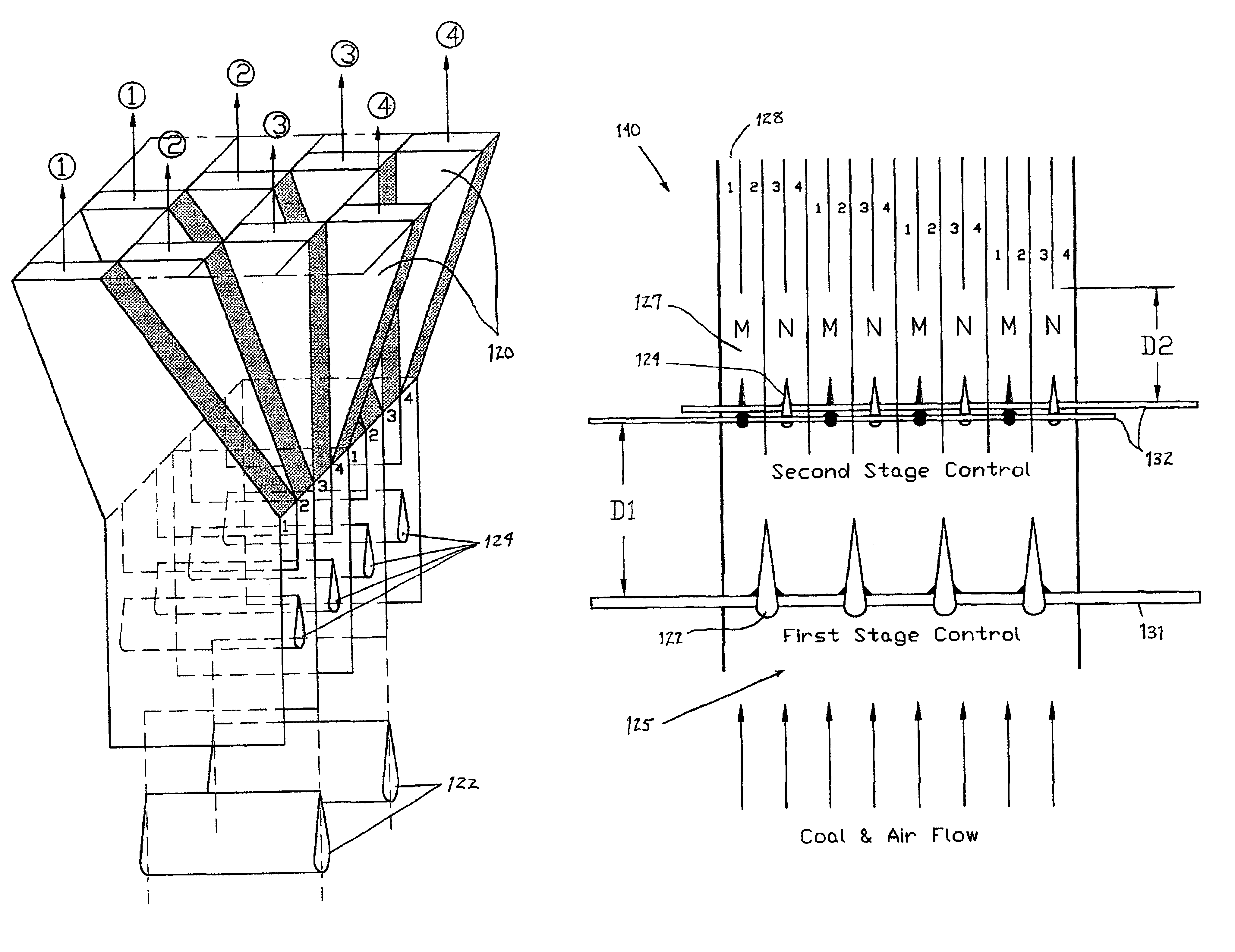 Adjustable flow control elements for balancing pulverized coal flow at coal pipe splitter junctions