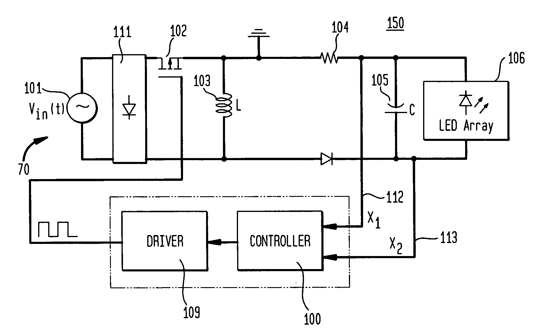 Pulsed current averaging controller with amplitude modulation and time division multiplexing for arrays of independent pluralities of light emitting diodes