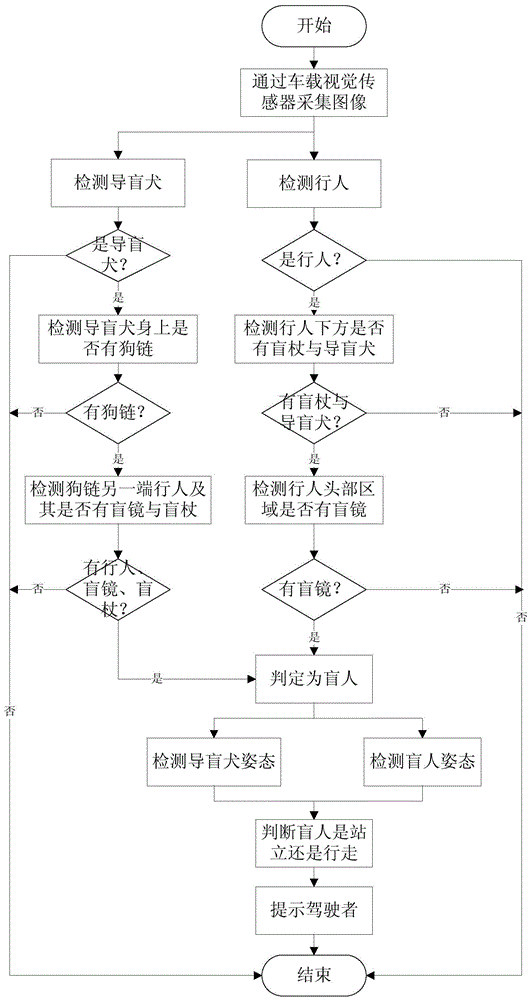 Blind people detection and identification method and system based on combined characteristics and vehicle-mounted cameras