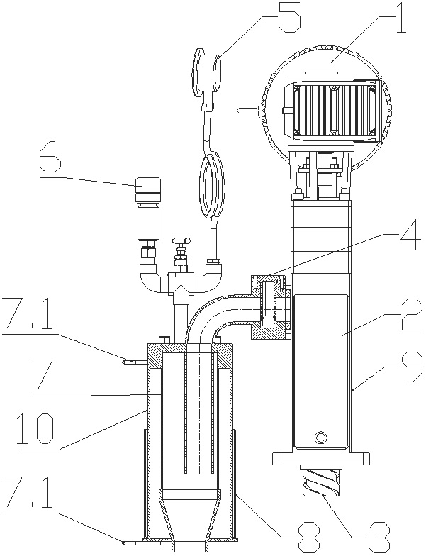 Different-direction double-screw pressing and exhausting device for continuous and efficient sulfur-breaking equipment