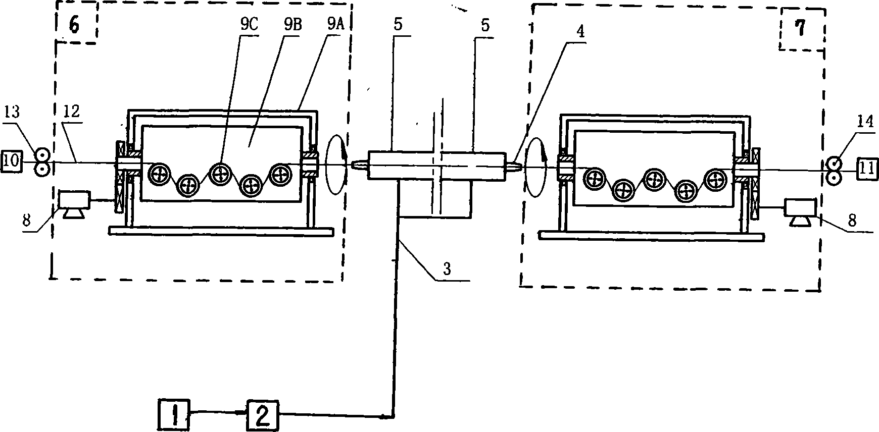 Method and apparatus for eliminating filament meta-flint in heating fibre beam by radio-frequency