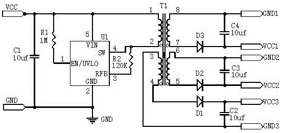 Isolated power supply circuit with micro-power, wide voltage, high efficiency and multi-output