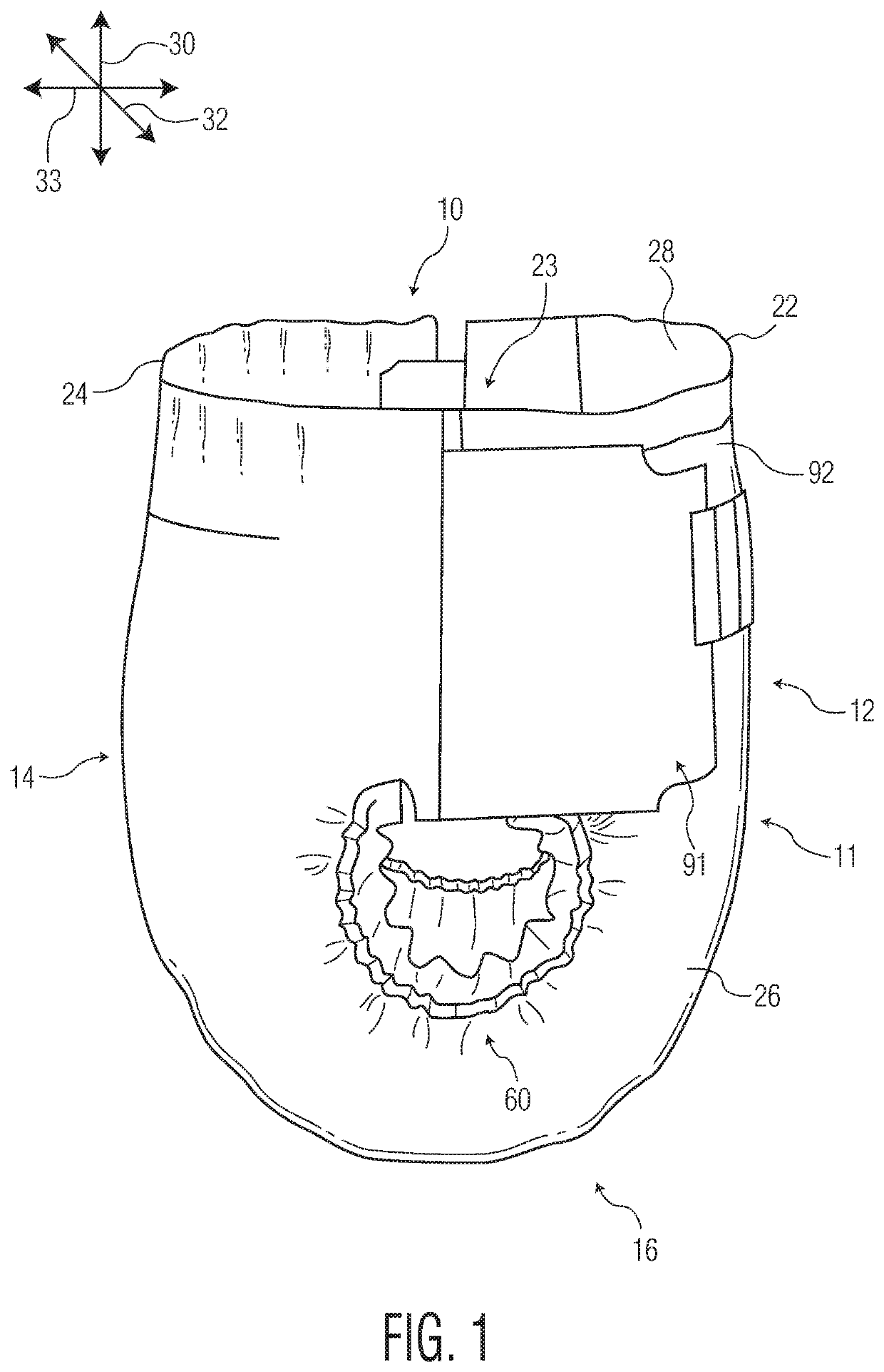 Absorbent article with pocket dividing front and rear regions