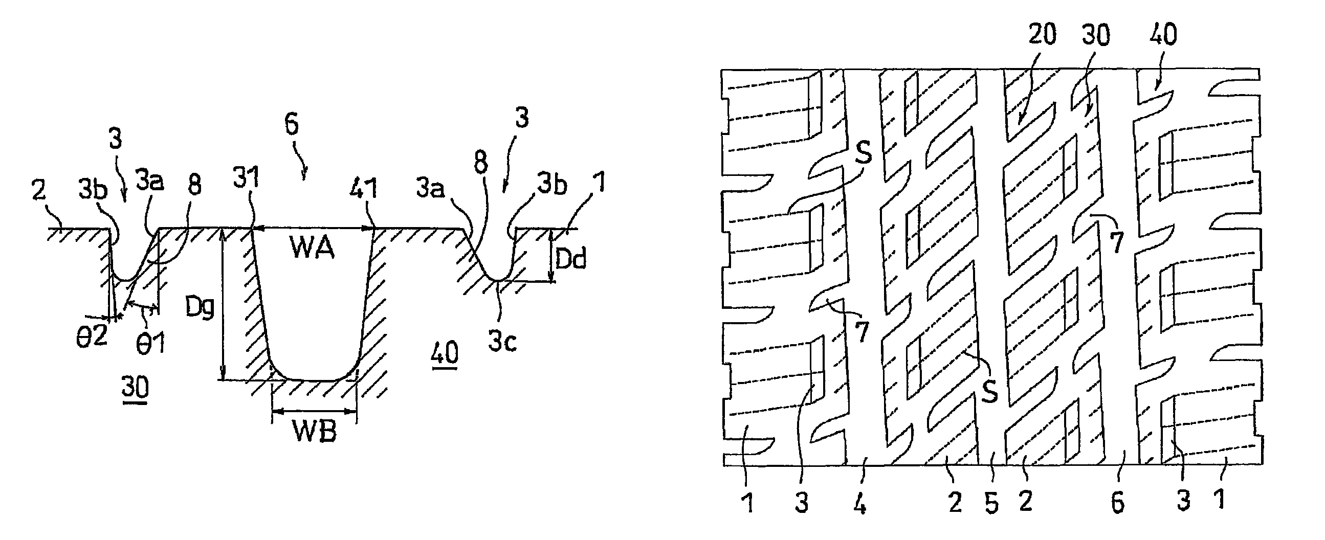 Pneumatic tire with tread having long hole shaped depressions