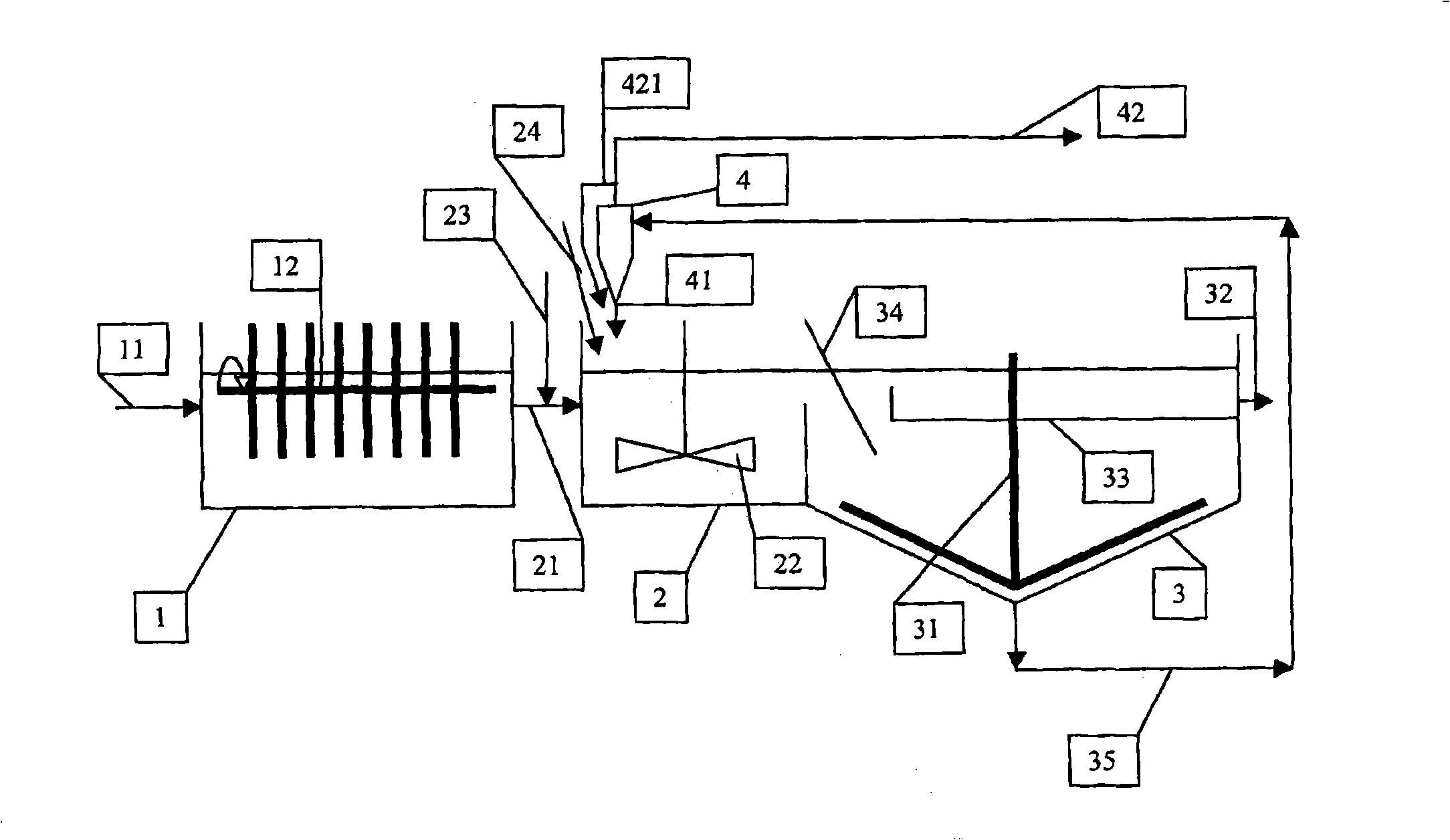 Water treating method and arrangement integrating a fixed-bacteria biological treatment and flocculation-decantation