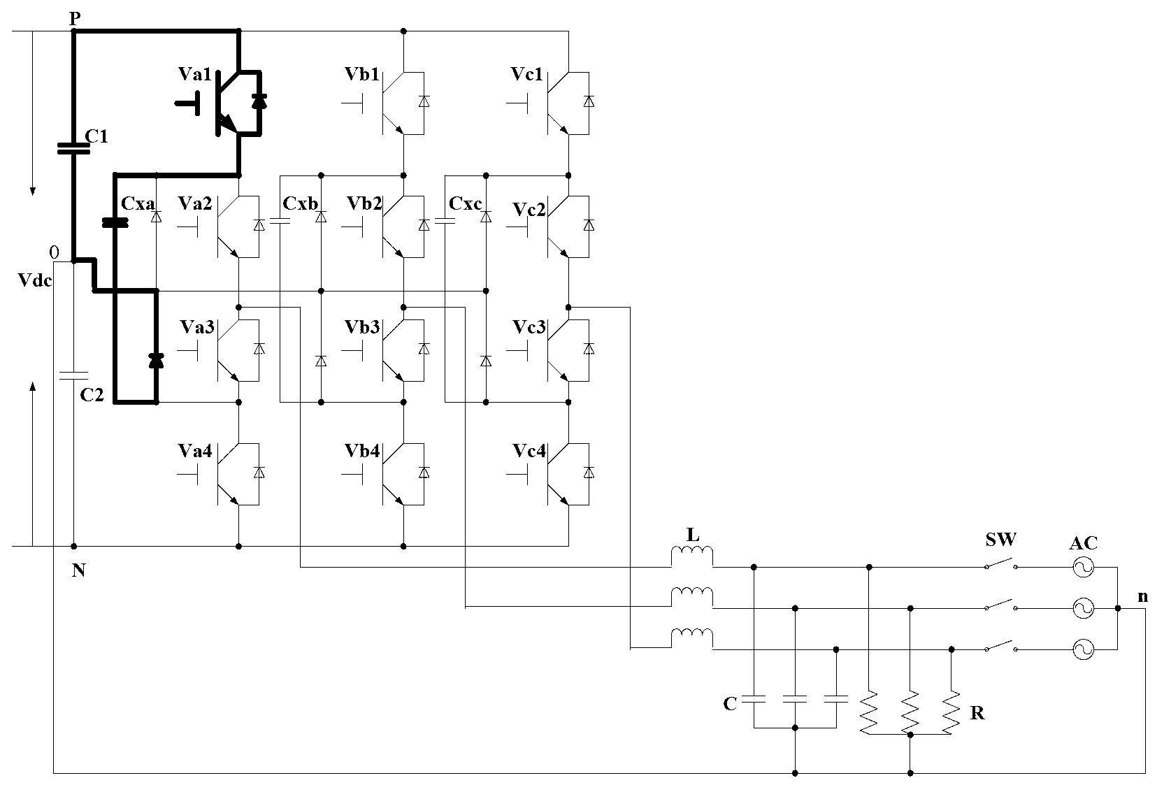 Hybrid-clamped three-electric-level three-phase four-wired photovoltaic system based on 3D-SPWM (three-dimensional sinusoidal pulse width modulation)