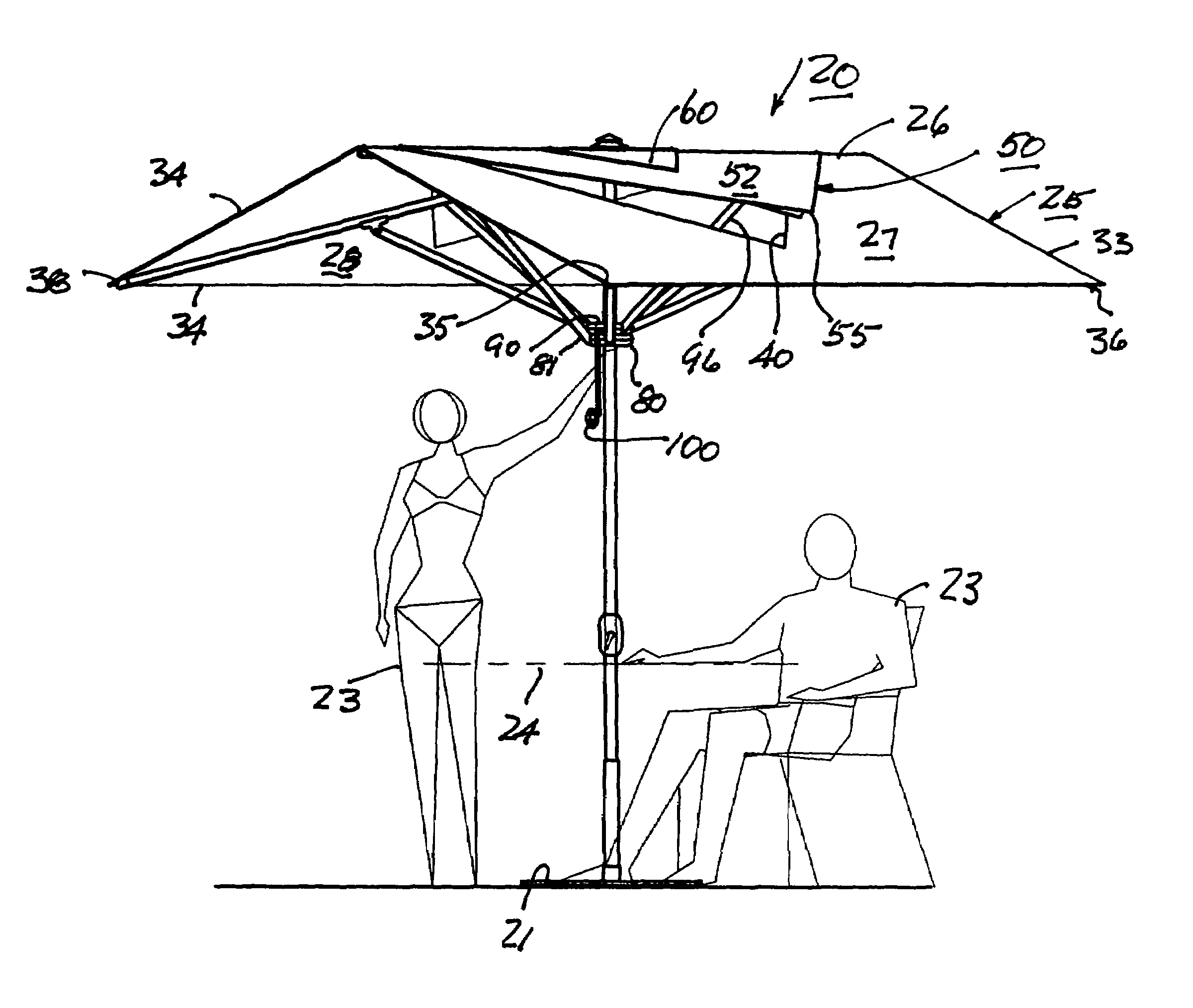 Umbrella with a vented canopy deployable and retractible to a dihedral shape with a positively moved canopy and vent cover