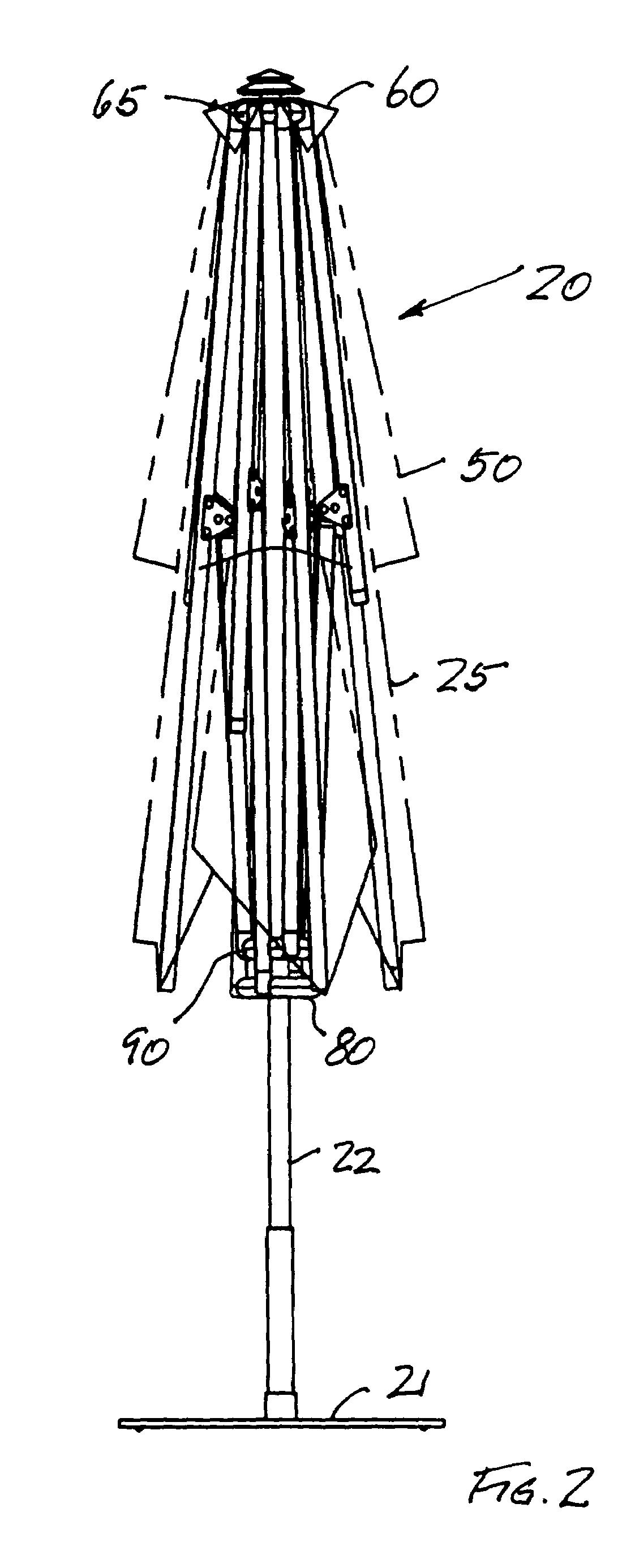 Umbrella with a vented canopy deployable and retractible to a dihedral shape with a positively moved canopy and vent cover