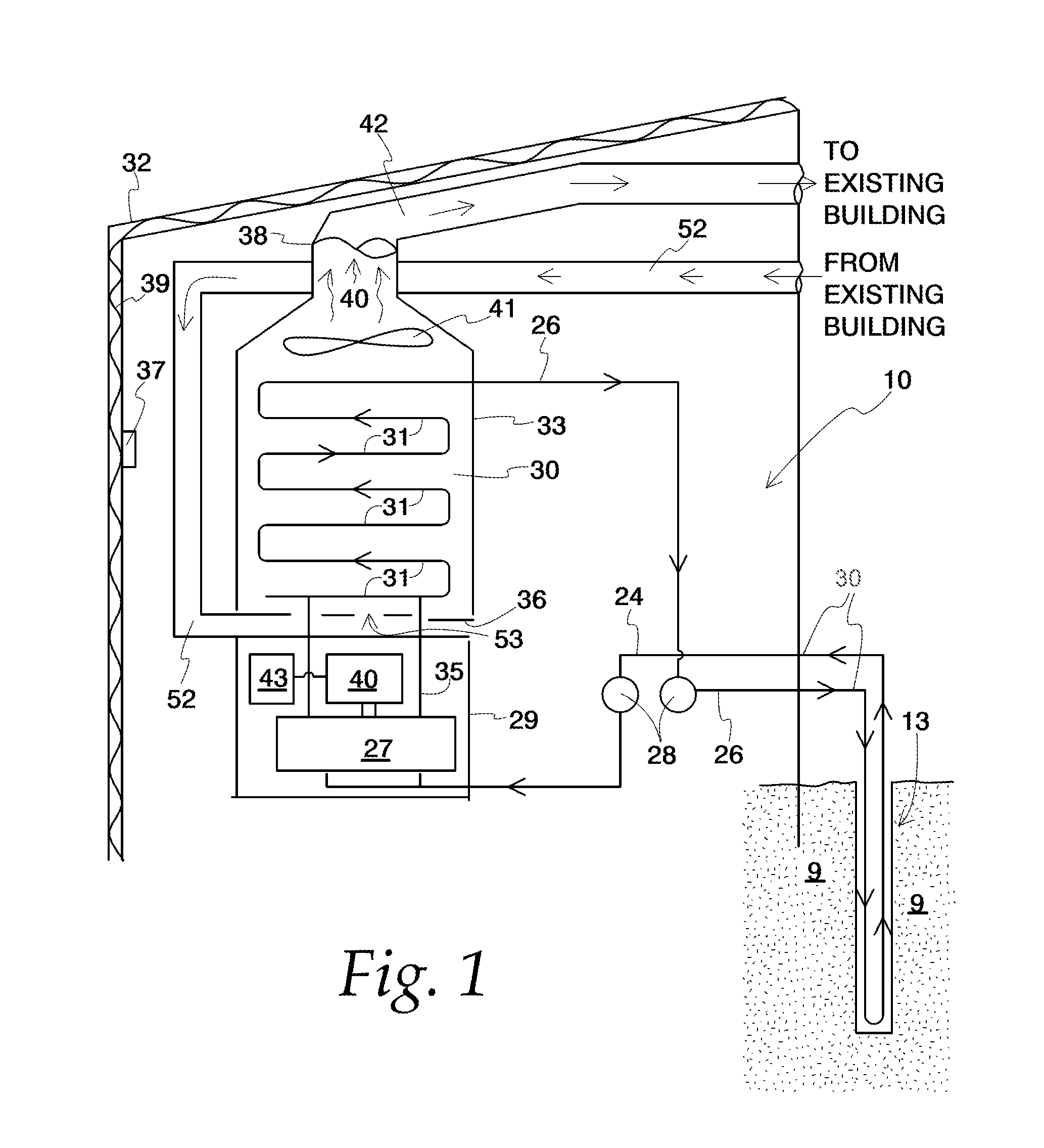 System to enable geothermal field interaction with existing HVAC systems, method to enable geothermal field interaction with existing HVAC system