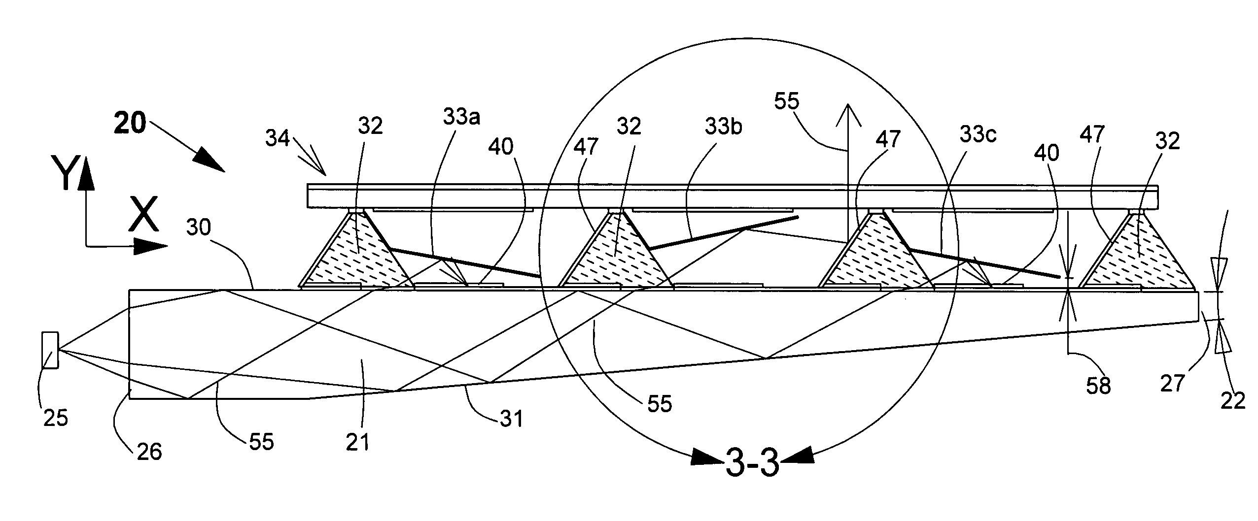 Display including waveguide, micro-prisms and micro-mirrors