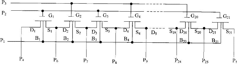 SPICE (Simulation Program with Integrated Circuit Emphasis) testing structure of MOS (Metal Oxide Semiconductor) device