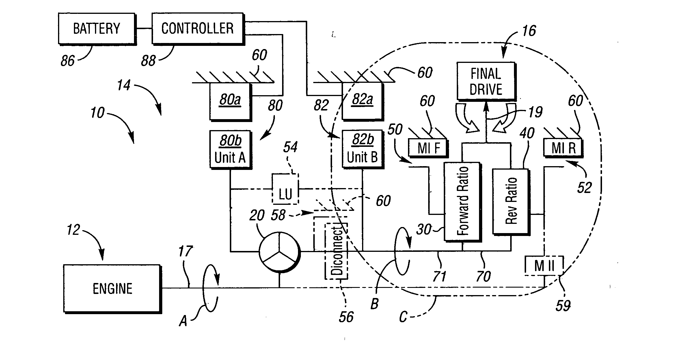 Two mode electrically variable transmission with equal forward and reverse input-split modal and fixed ratio performance