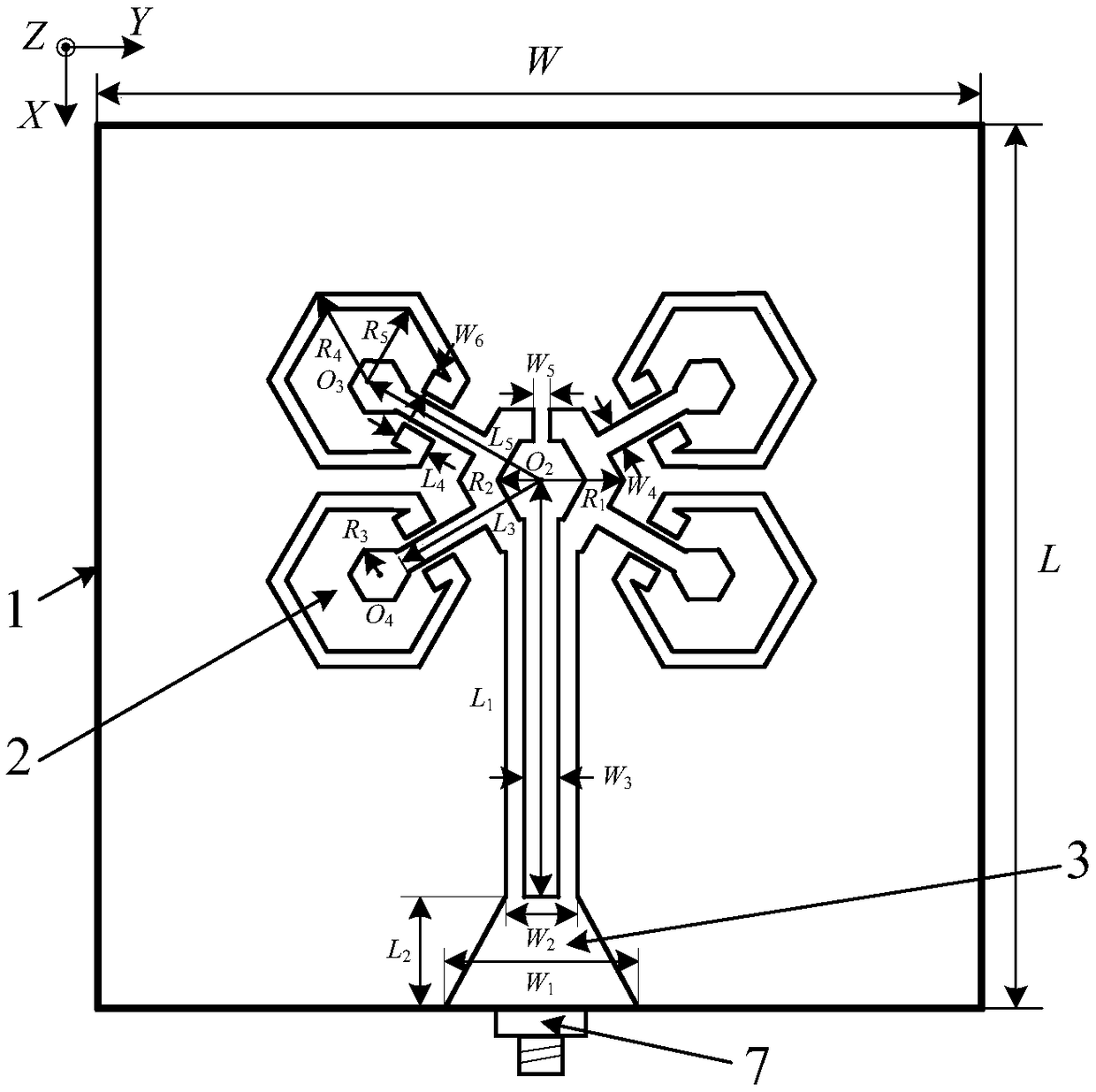 A flower-shaped feed terminal multi-frequency microstrip antenna loaded with hexagonal parasitic branches