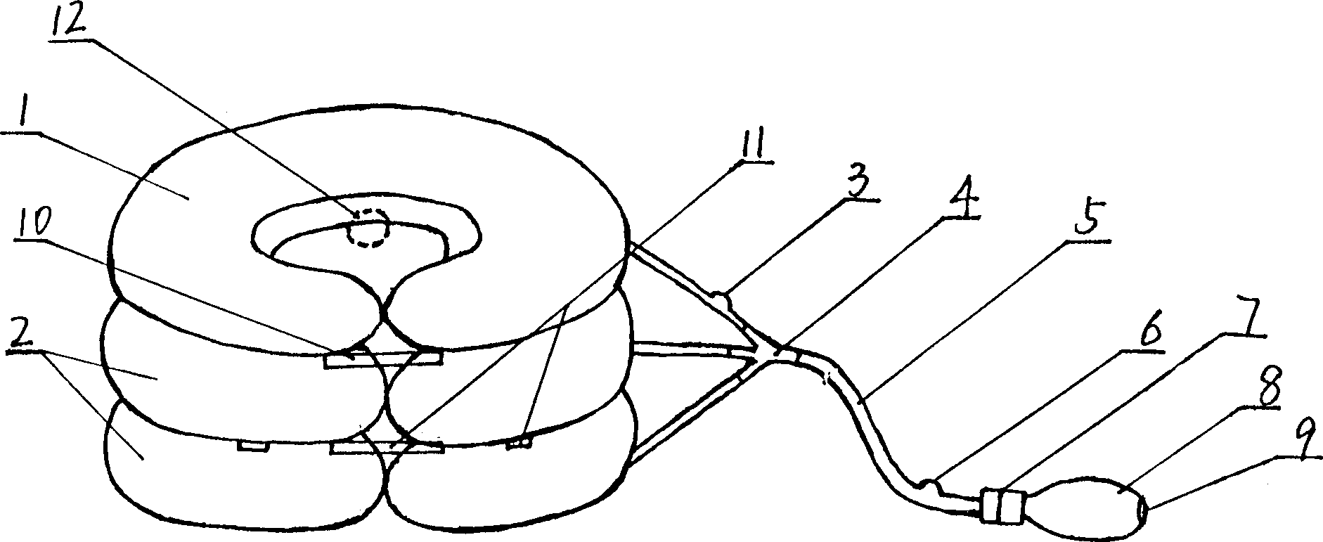 Portable air-inflating type vertebrae traction recovering fixing therapeutic device