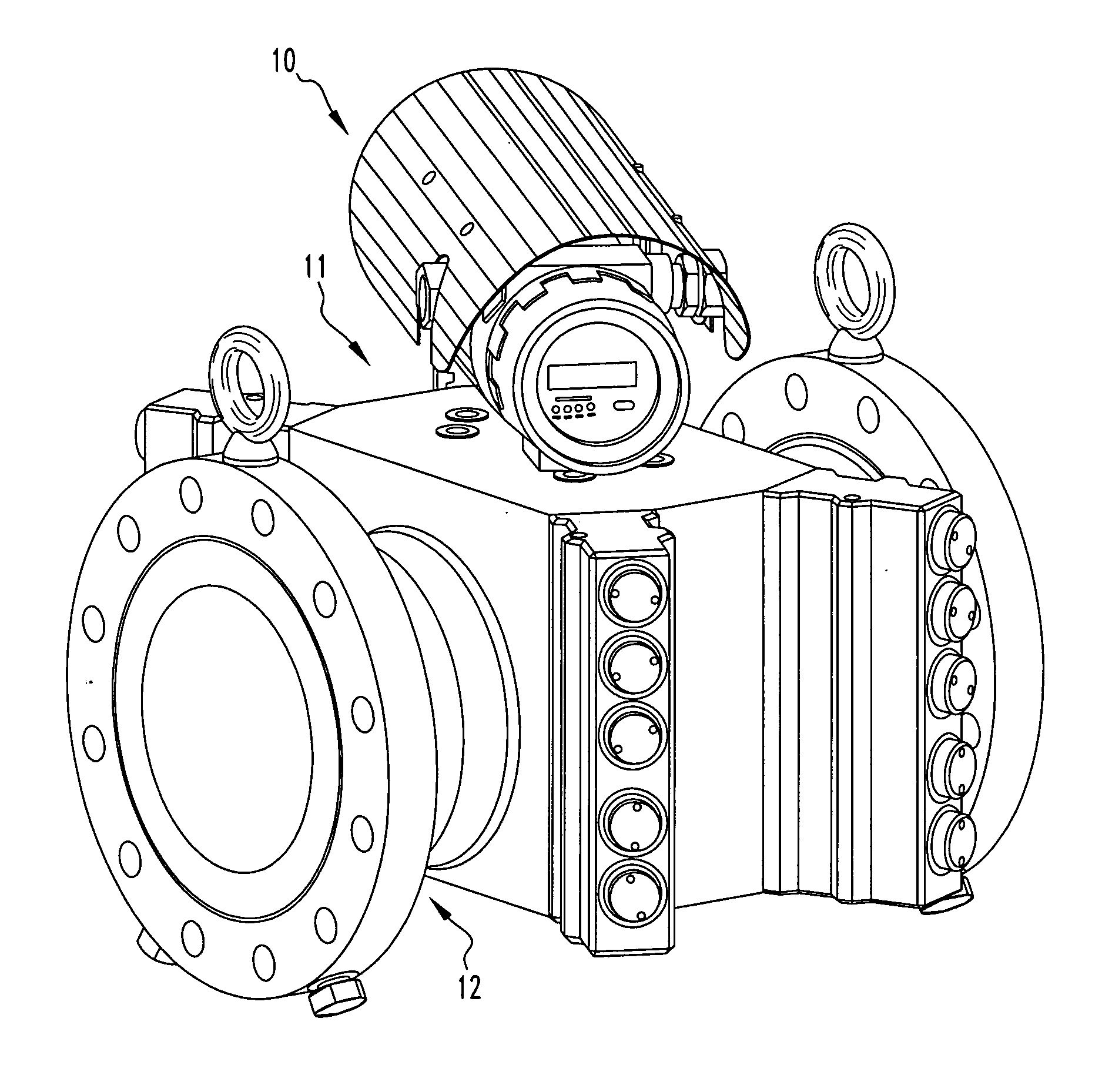 Chordal gas flowmeter with transducers installed outside the pressure boundary, housing and method