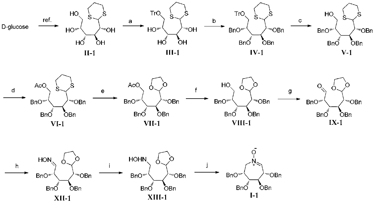 Seven-element-ring polyhydroxy nitrone and preparation method and application thereof