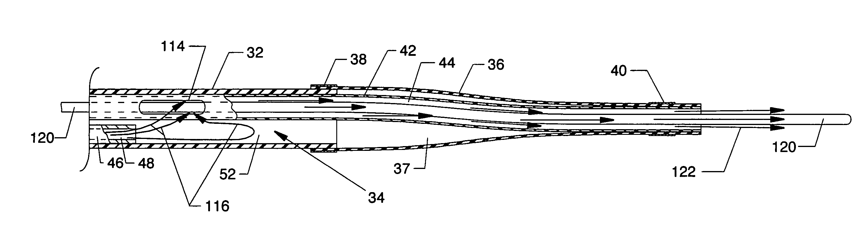 Forwardly directed fluid jet crossing catheter