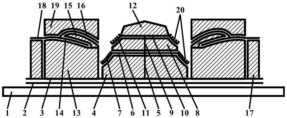 Light-emitting backlight source of double-probe curved gating structure of cathode with different vertical separation degree and same concave surface