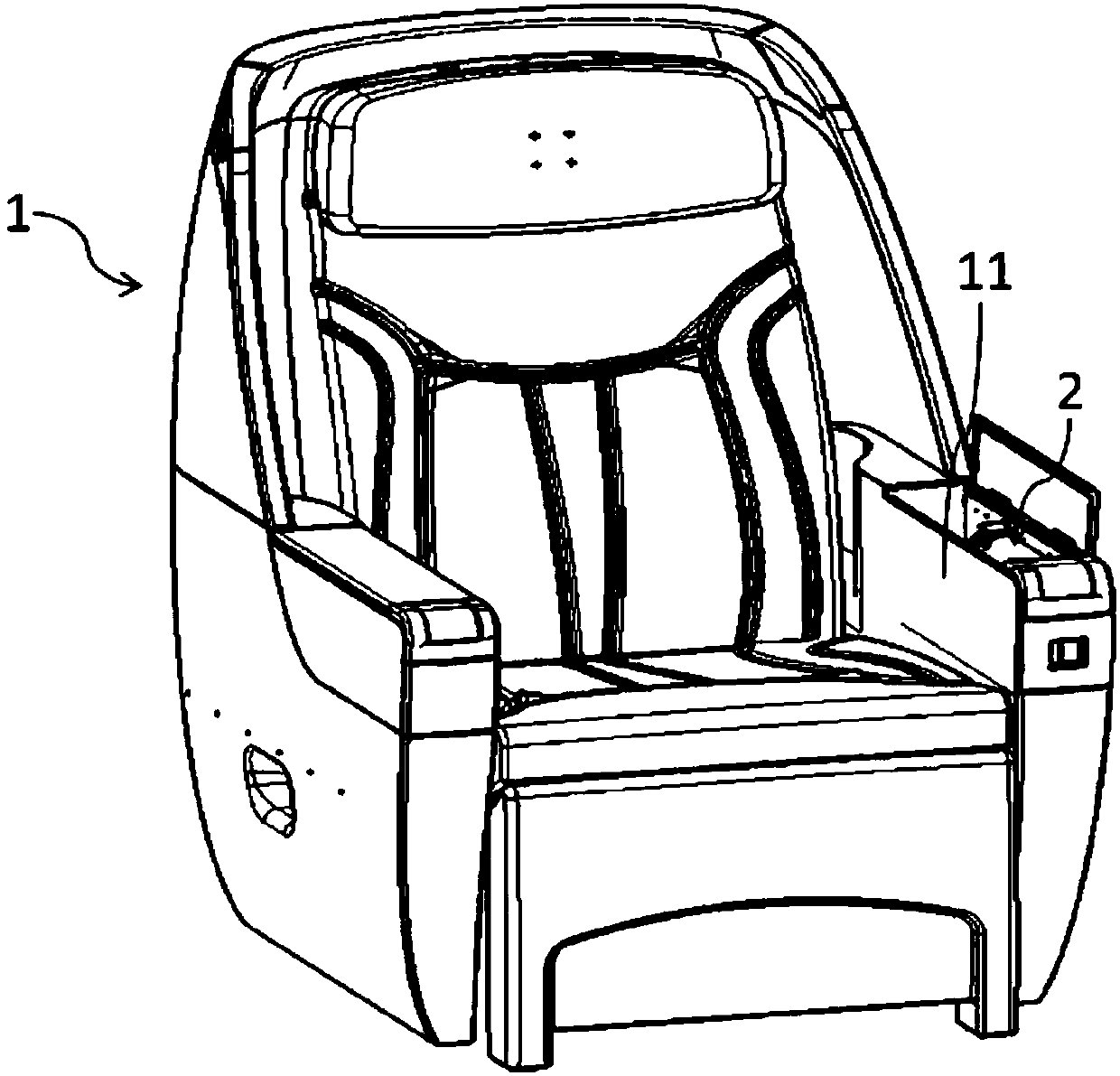 A pivoting arm structure with wire harness passing through the middle