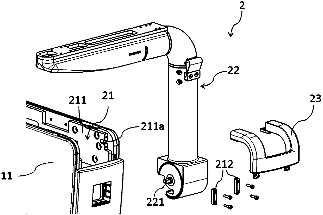 A pivoting arm structure with wire harness passing through the middle