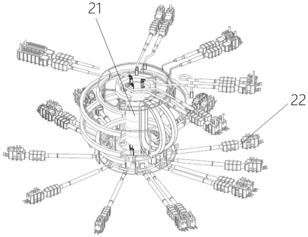 Distributed current and cold mass transmission feeder system of superconducting Tokamak magnet