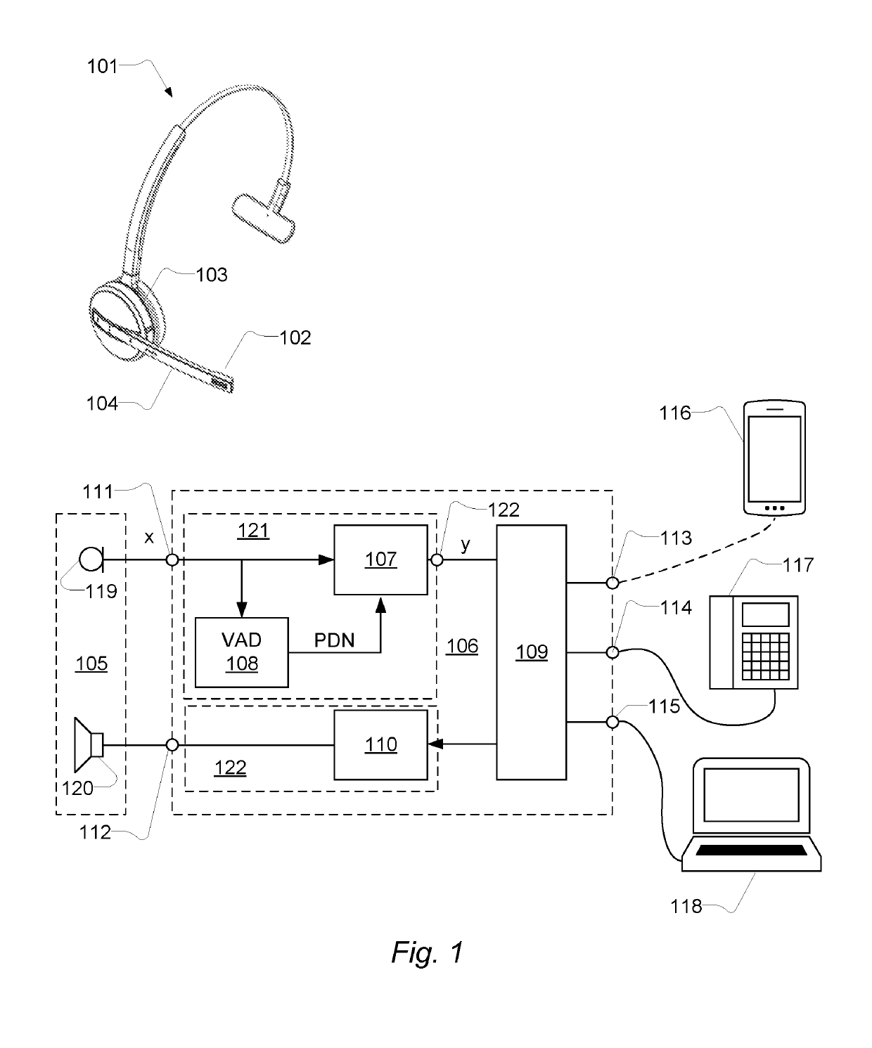 Headset with reduction of ambient noise