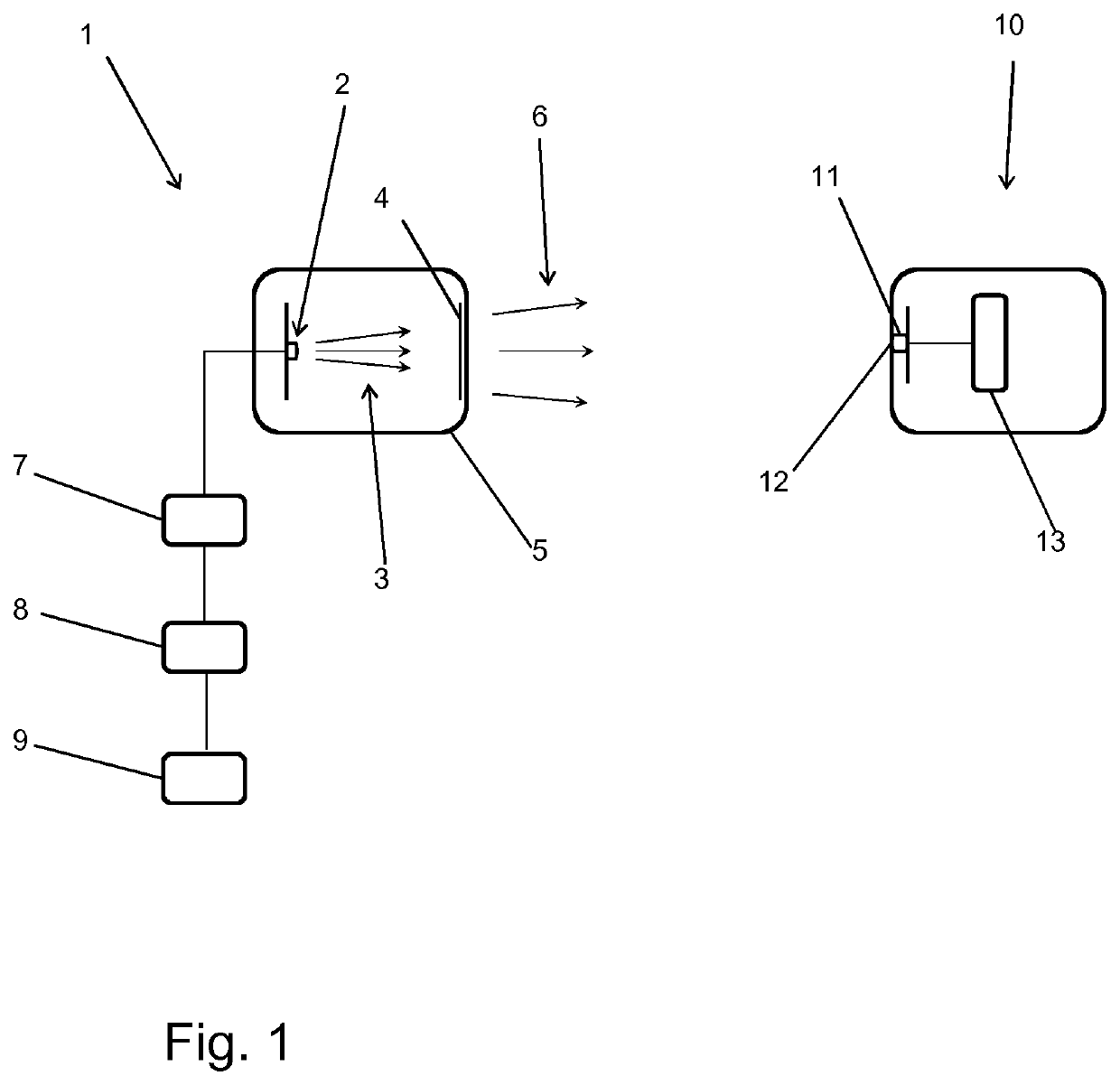 Transmitter for transmitting data and for emitting electromagnetic radiation in the visible spectral range and data transmission system