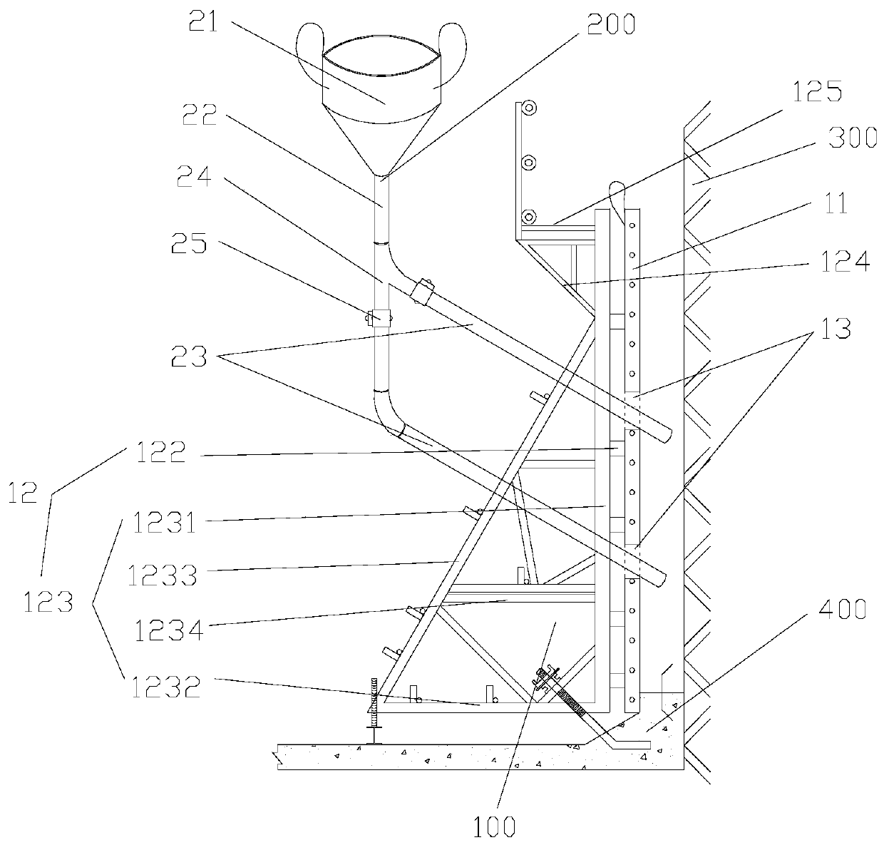 Vertical wall body pouring construction method and pouring construction device