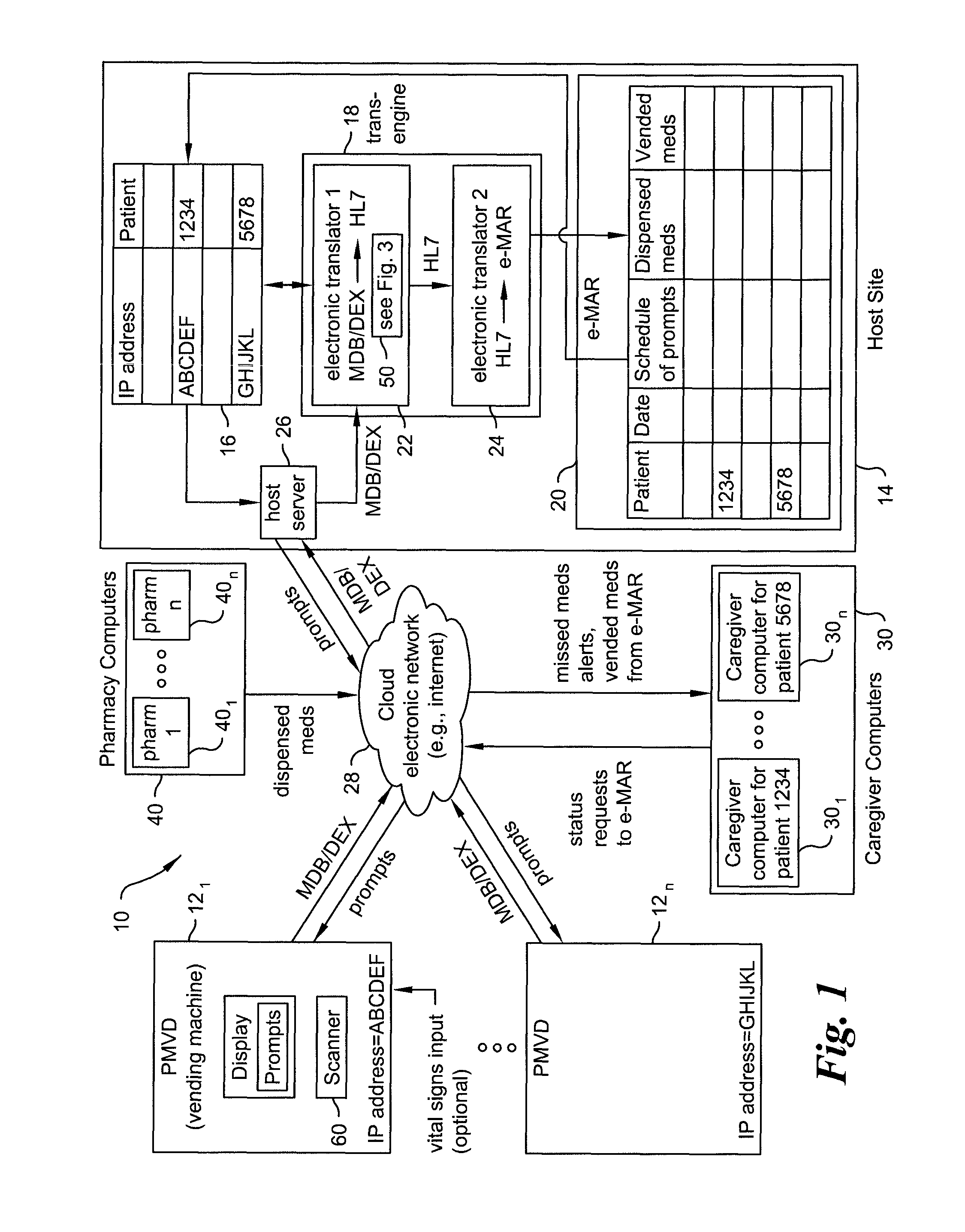 Automated method of recording contents of medication packages vended from a plurality of vending machines in an electronic record that stores records for a plurality of patients associated with respective vending machines