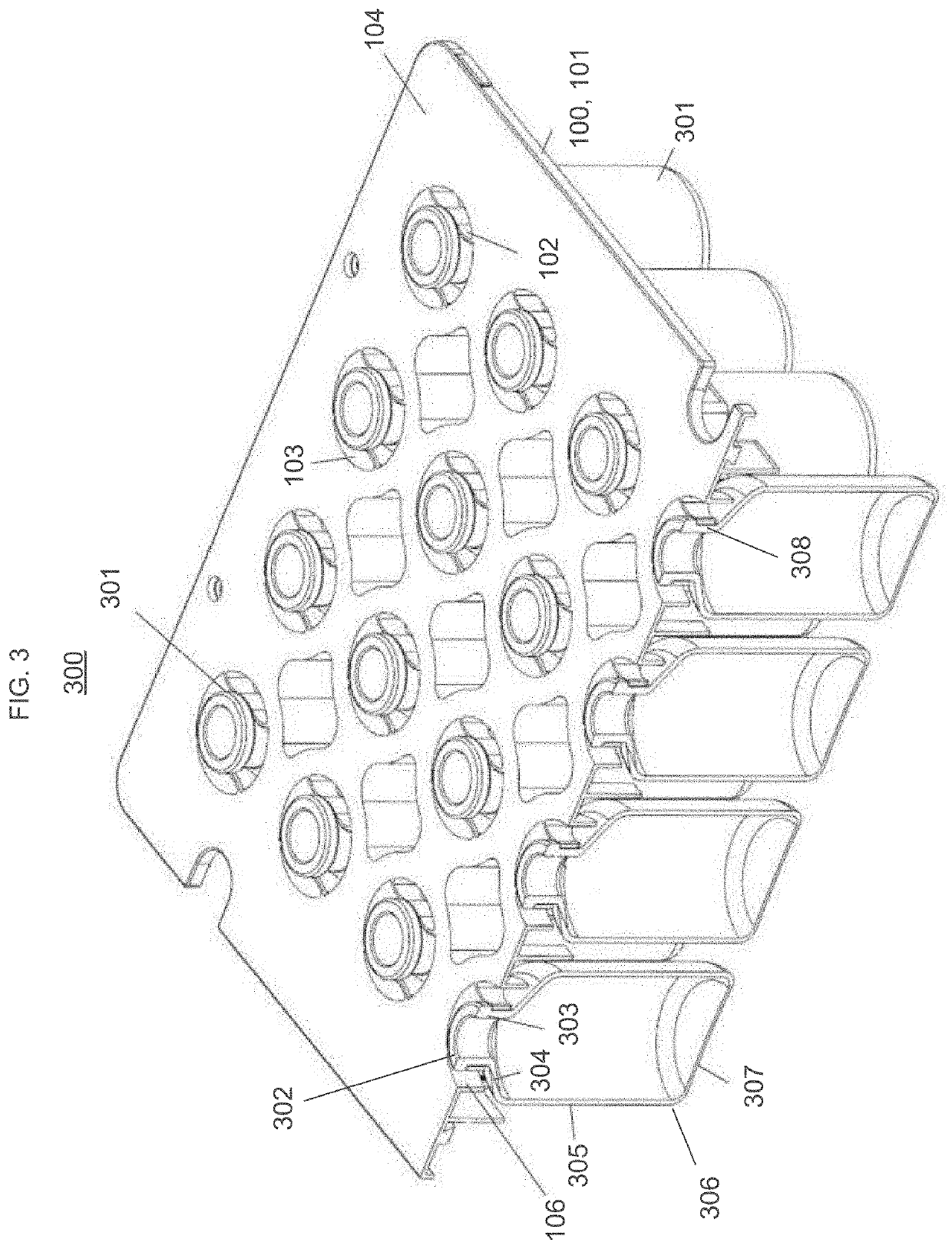 Holding device for holding a plurality of containers in a positive fit which is established by a displacement movement