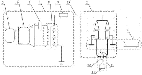 High-frequency voltage and superposed power-frequency current type cable accessory aging test device