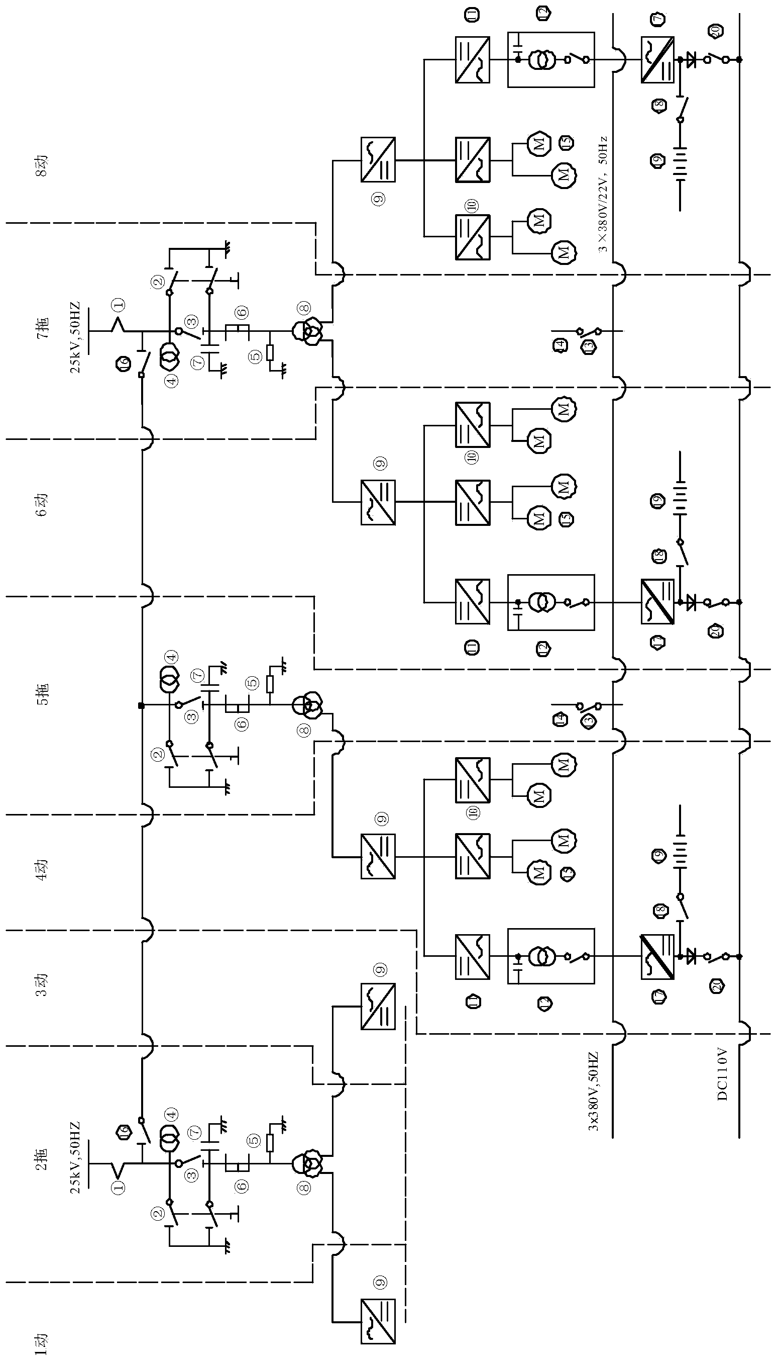 Power supply system without passing neutral phases in whole journey of high-speed passenger transport line motor train unit