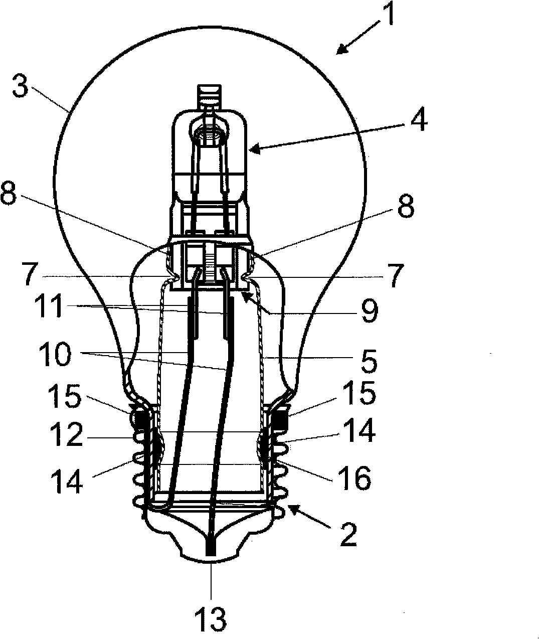 Electric lamp with an outer vessel and a built-in lamp and method for production of same