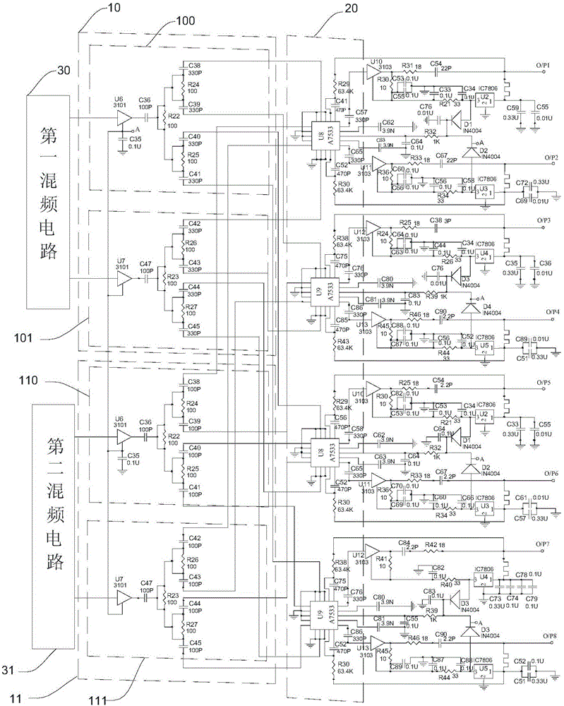 Microwave frequency conversion power division circuit