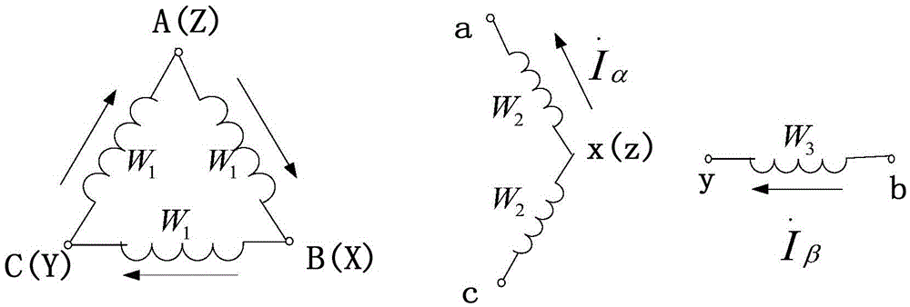 Marine three-phase-into-two-phase balancing transformer