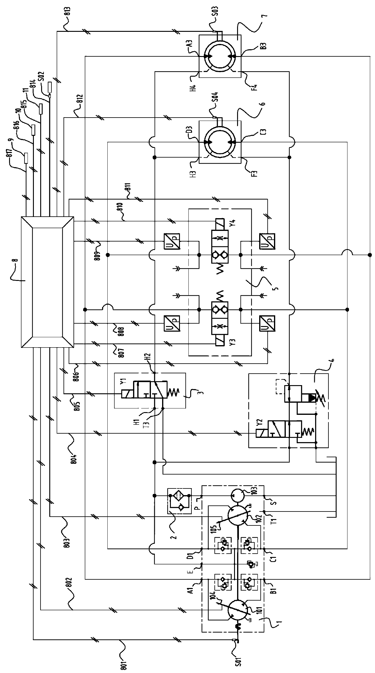 Land leveller front wheel drive hydraulic system