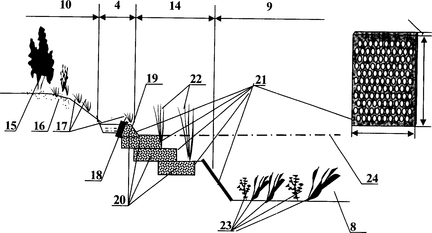 Sewage treatment method for construction wetland of ditch and river bank