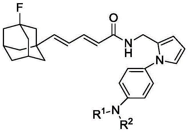 Compound with aniline and diene fluoro adamantane structure and preparation method and application thereof