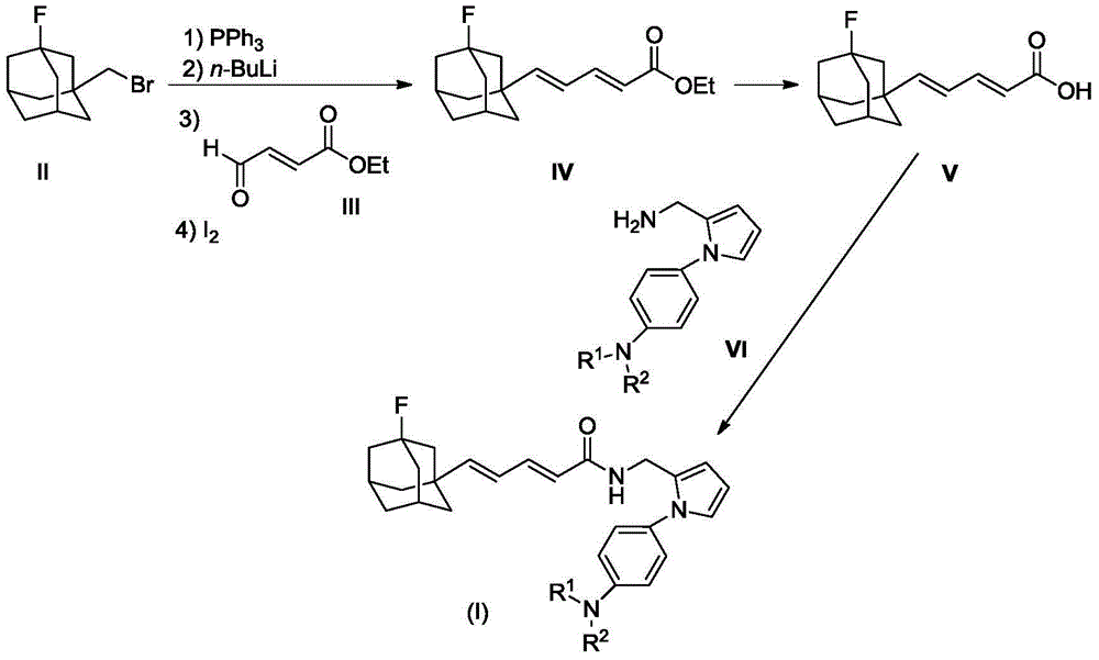 Compound with aniline and diene fluoro adamantane structure and preparation method and application thereof