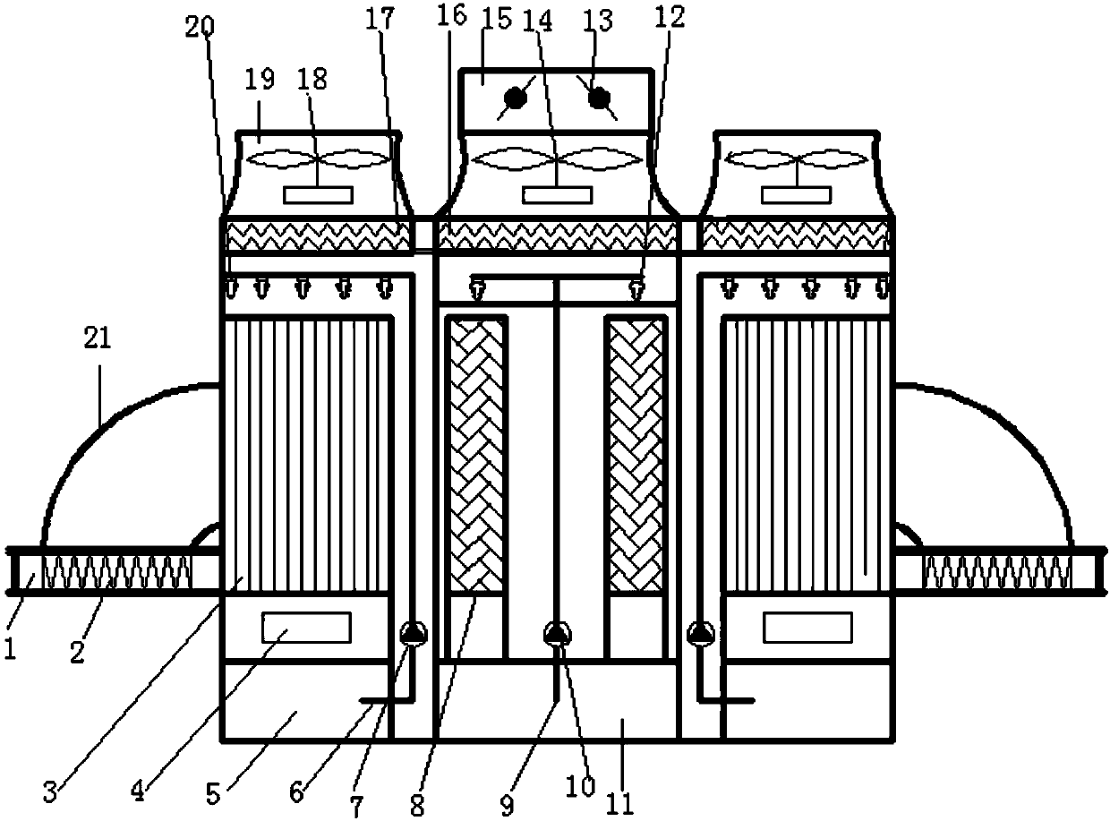 Evaporating cooling air treatment unit combining vertical pipe indirect part with pulling type filling parts