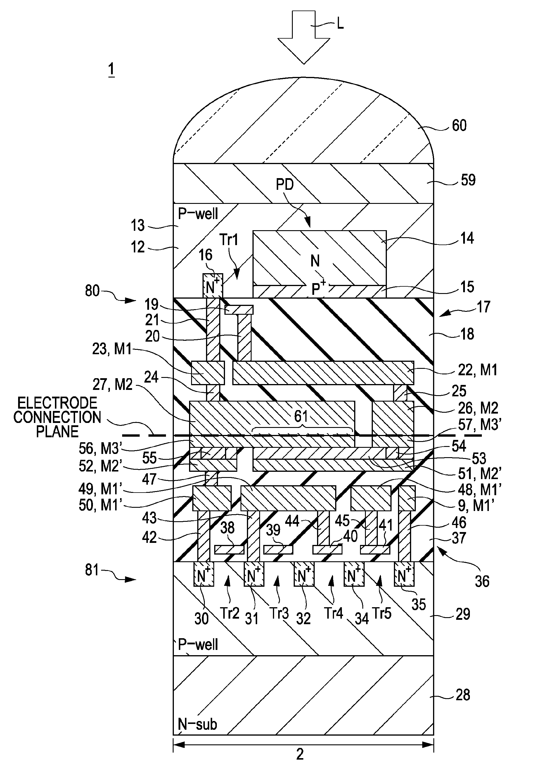 Solid-state imaging device with charge transfer transistor on different substrates