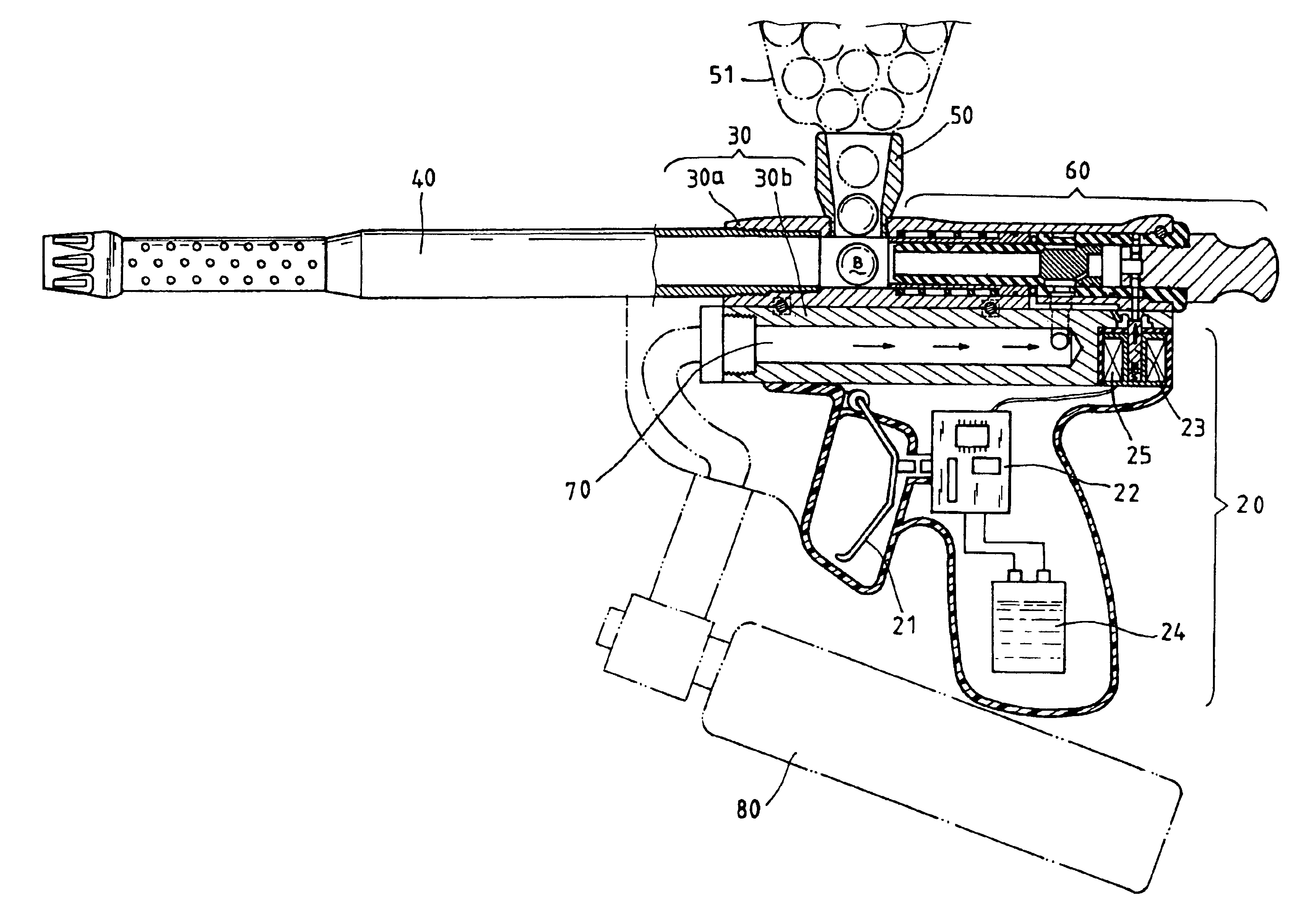 Paintgun with pneumatic feeding and discharging process