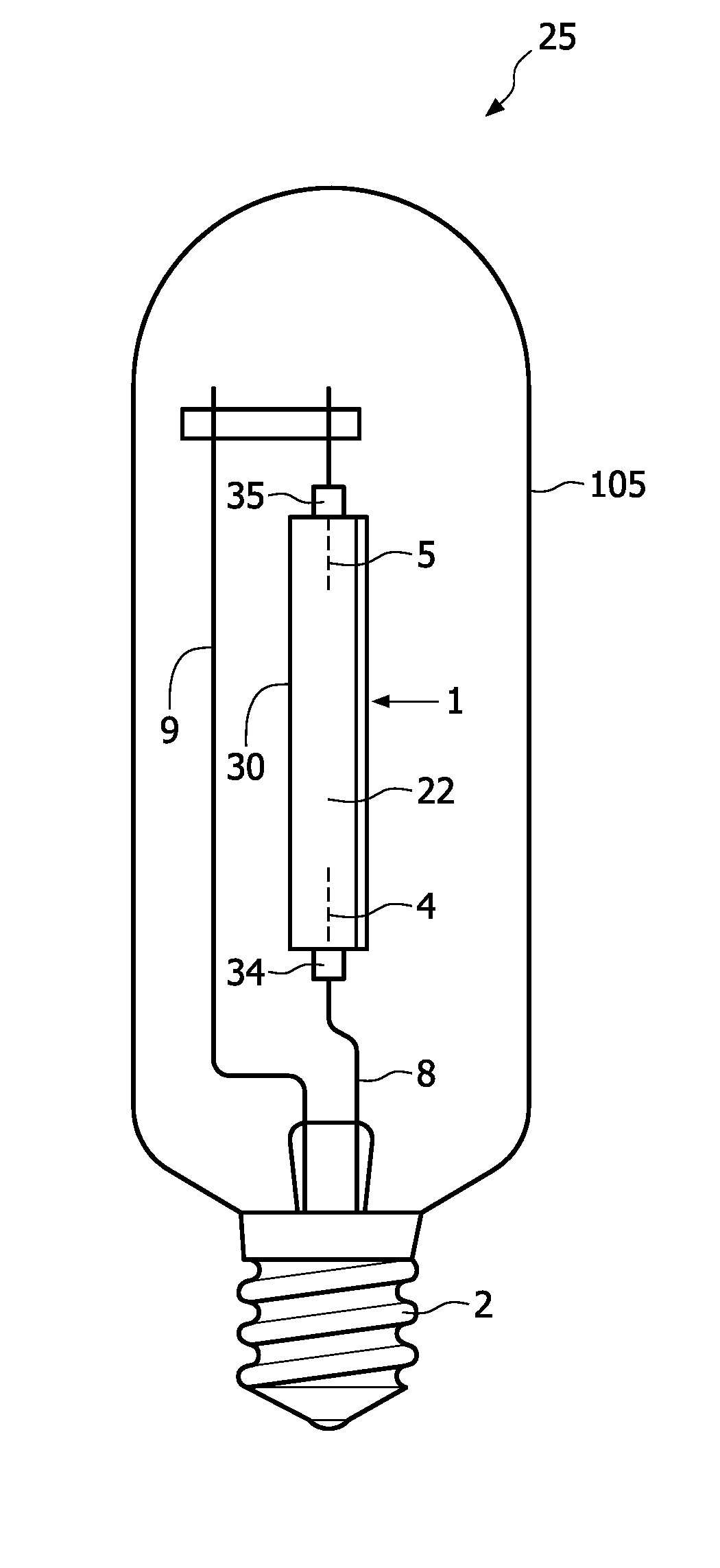 Metal halide lamp comprising an ionisable salt filling