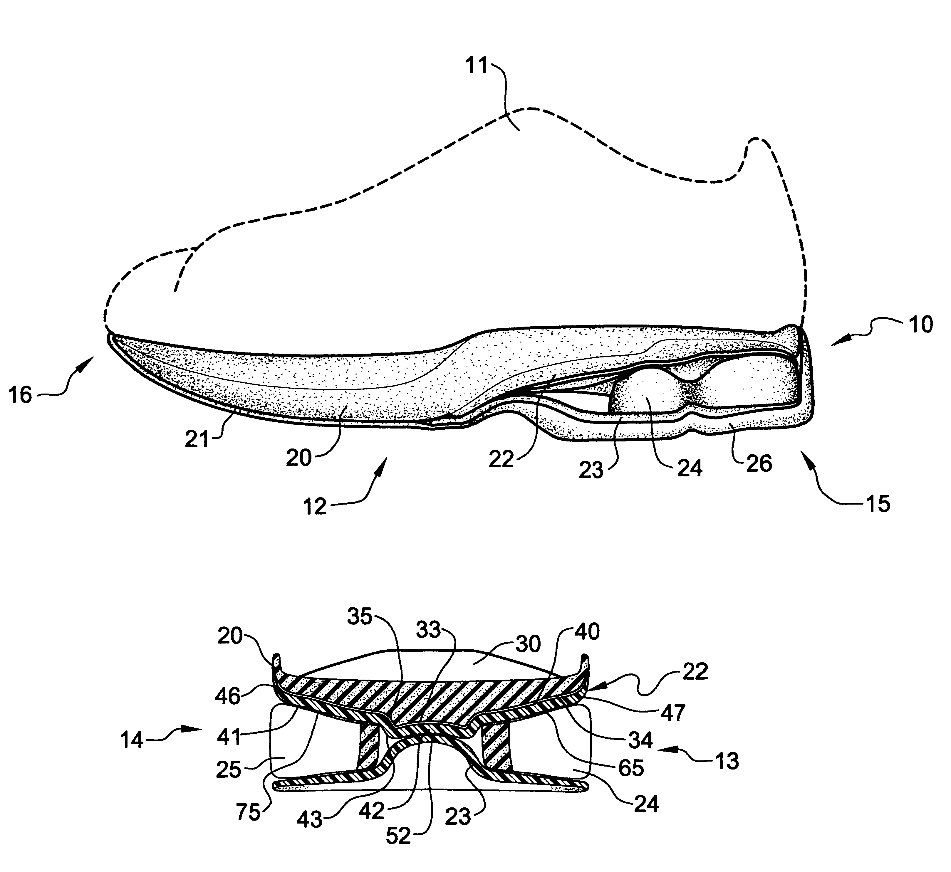 Shoe incorporating improved shock absorption and stabilizing elements