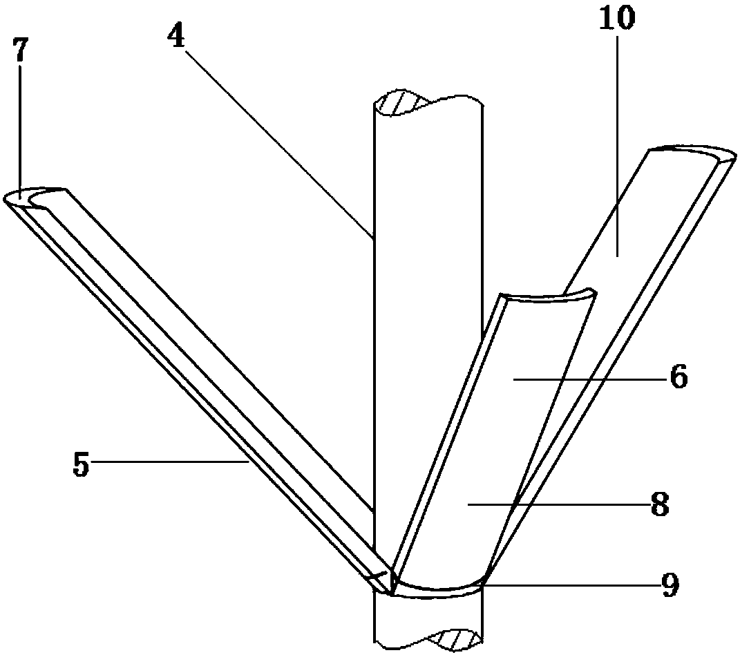 Round-rod-like branch stretching instrument with cambered wings for trimming of Camellia oleifera trees