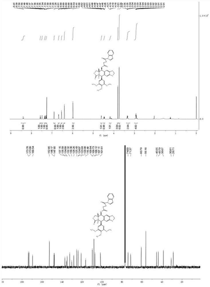 N-succinic acid mono-substituted indole (azole) spliced podophyllotoxin compound as well as preparation method and application thereof