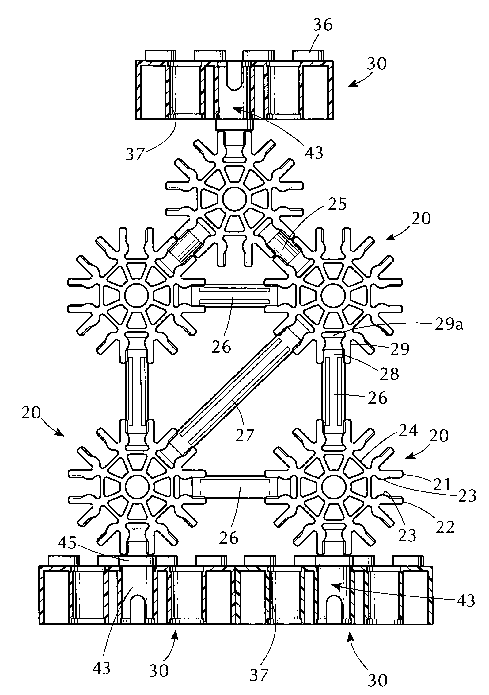 Interfacings between block type and rod and connector type construction toy sets