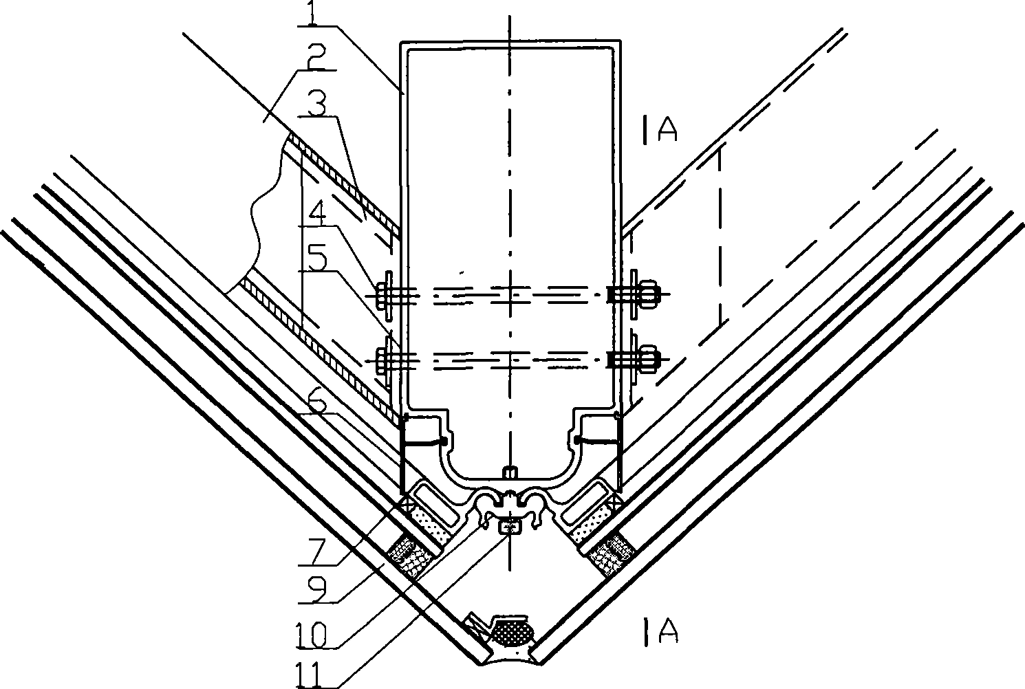 Angle adjustable corner section bar system for curtain wall